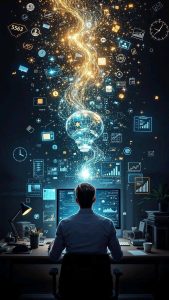 A back view of a man working with bustling ideas exploding out from the top of his head. His 'North Star' compass at the top, symbolising the shift from ADHD chaos to clarity.